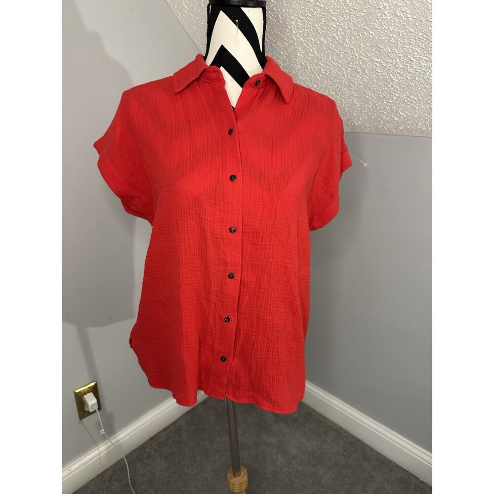 NWT Kaktus Gauze Button Down Shirt Sz M Tomato Red Short Sleeve Lightweight